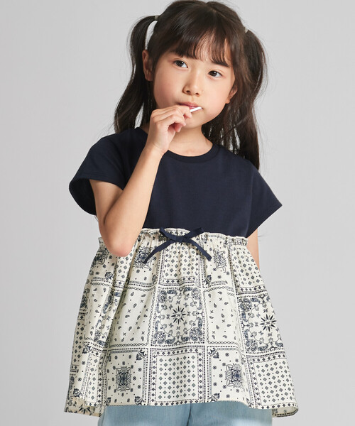 COMME CA ISM（コムサイズム）の「ギンガムチェック・バンダナ柄プリント 切替え半袖Tシャツ（Tシャツ/カットソー・キッズ・チェック/アイボリー系/ネイビー系・100cm/110cm/120cm/130cm/140cm/150cm）」の2枚目の写真