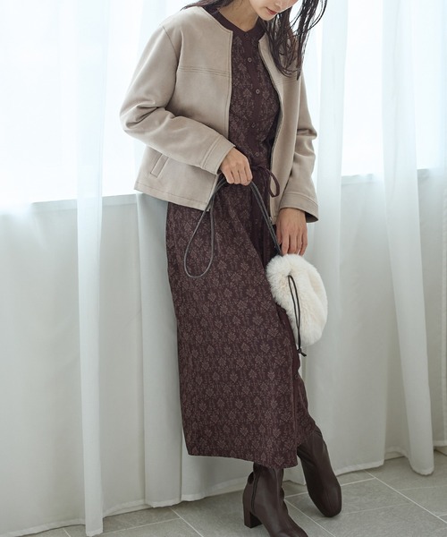 Honeys（ハニーズ）の「バンドカラーワンピース（シャツワンピース・レディース・ブラウン系/ホワイト×グレー/ボルドー・S/M/L/LL）」の3枚目の写真