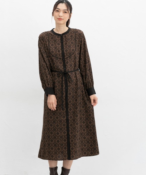 Honeys（ハニーズ）の「バンドカラーワンピース（シャツワンピース・レディース・ブラウン系/ホワイト×グレー/ボルドー・S/M/L/LL）」の9枚目の写真