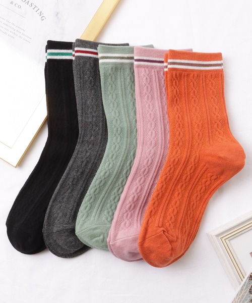 セール】【5足セット】 配色 ライン ケーブル柄 クルー ソックス