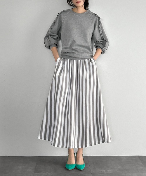 セール】袖フリルクルーネックプルオーバー（Tシャツ/カットソー