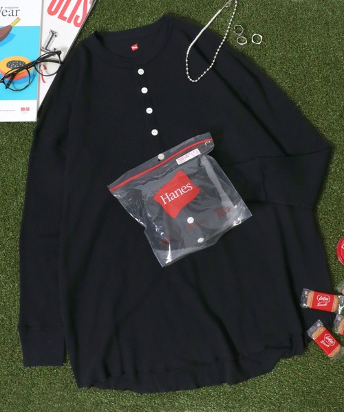 HANES(ヘインズ)の「Hanes(ヘインズ)ワッフルヘンリーネックロングスリーブTシャツ レディース/長袖ロンT/パックT(Tシャツ/カットソー・レディース・オフホワイト/ブラック/ネイビー/グレー・FREE)」の6枚目の写真