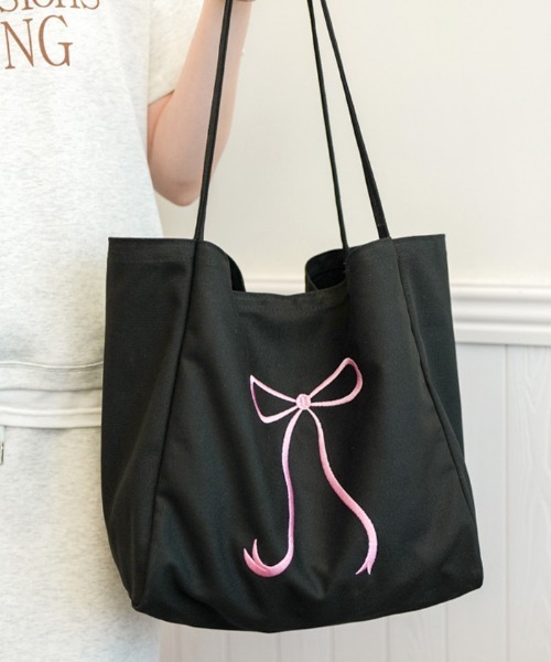 Futier land（フューティアランド）の「大容量リボン刺繍キャンバストートバッグ（トートバッグ・レディース・グレー/ブラック/ピンク・FREE）」の18枚目の写真