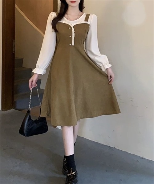 FREE STYLISTS(フリー スタイリスト)の「バイカラー異素材ドッキングワンピース(ワンピース・レディース・オリーブ・L)」の9枚目の写真