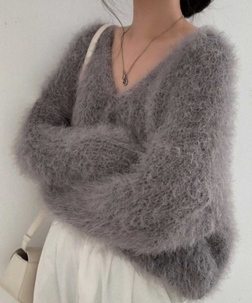 【美品】Sov. ヘビーモヘアニット　アルパカ　グレー　38 Mサイズ相当 モヘアVネックオーバーサイズニット（ニット/セーター