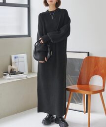 低身長~高身長サイズあり 指穴つきロングカフスリブニットワンピース