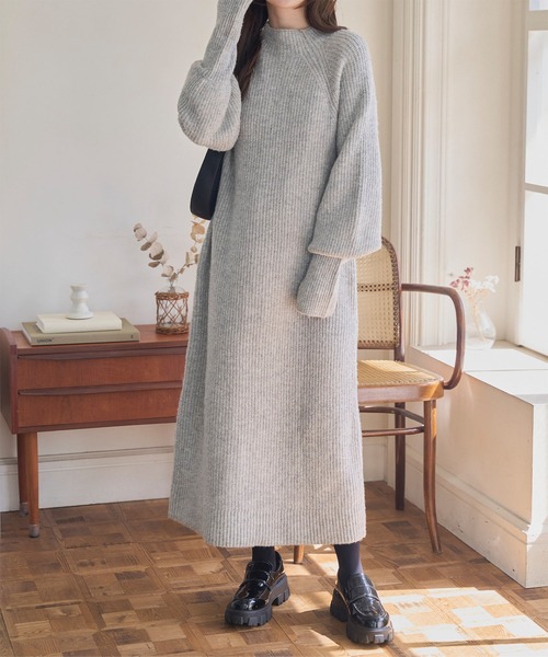 低身長～高身長サイズあり 指穴つきロングカフスリブニットワンピース