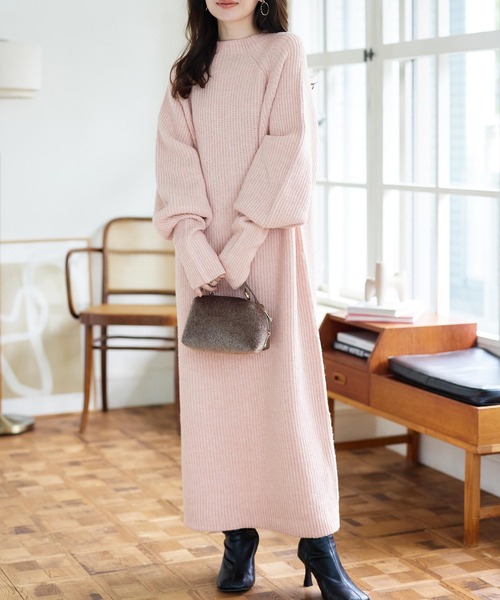 低身長～高身長サイズあり 指穴つきロングカフスリブニットワンピース