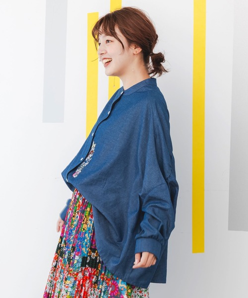 ScoLar（スカラー）の「143658：ヒーローネコ＆ドッグの刺繍入り ノーカラーワイドシャツ（シャツ/ブラウス・レディース・アイボリー/ブラック/ネイビー・M）」の7枚目の写真