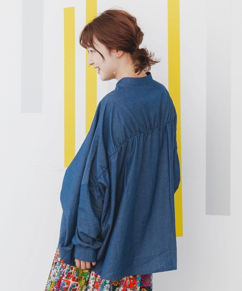 ScoLar（スカラー）の「143658：ヒーローネコ＆ドッグの刺繍入り ノーカラーワイドシャツ（シャツ/ブラウス・レディース・アイボリー/ブラック/ネイビー・M）」の9枚目の写真