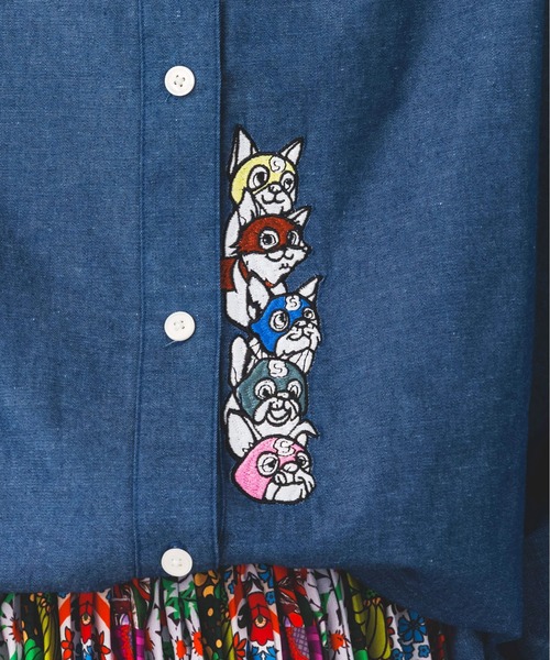 ScoLar（スカラー）の「143658：ヒーローネコ＆ドッグの刺繍入り ノーカラーワイドシャツ（シャツ/ブラウス・レディース・アイボリー/ブラック/ネイビー・M）」の11枚目の写真