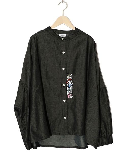 ScoLar（スカラー）の「143658：ヒーローネコ＆ドッグの刺繍入り ノーカラーワイドシャツ（シャツ/ブラウス・レディース・アイボリー/ブラック/ネイビー・M）」の15枚目の写真