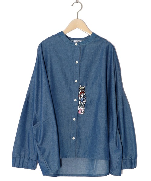 ScoLar（スカラー）の「143658：ヒーローネコ＆ドッグの刺繍入り ノーカラーワイドシャツ（シャツ/ブラウス・レディース・アイボリー/ブラック/ネイビー・M）」の18枚目の写真