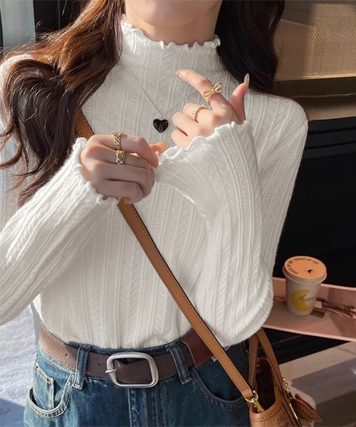 Miniministore(ミニミニストア)の「ニットソー 長袖 プチハイネック 韓国風(ニット/セーター・レディース・ブラック/ダークグレー/ミント/ライトイエロー/アイボリー/ライトブラウン/ピンク/ブラウン/ベージュ/ホワイト・FREE)」の2枚目の写真