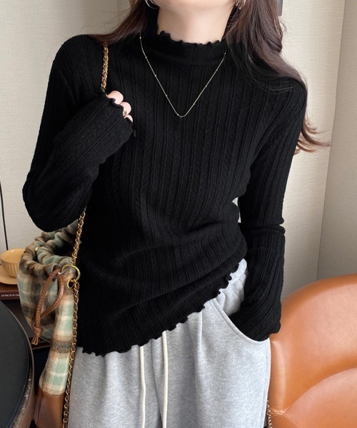 Miniministore(ミニミニストア)の「ニットソー 長袖 プチハイネック 韓国風(ニット/セーター・レディース・ブラック/ダークグレー/ミント/ライトイエロー/アイボリー/ライトブラウン/ピンク/ブラウン/ベージュ/ホワイト・FREE)」の3枚目の写真