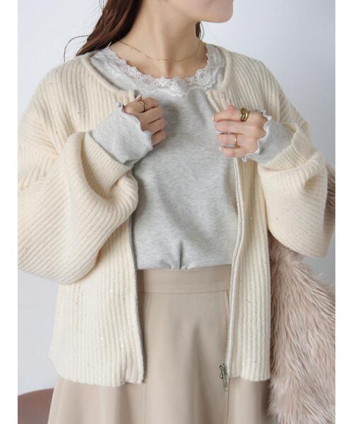 ehka sopo（エヘカソポ）の「スパンコールダブルジップカーディガン（カーディガン/ボレロ・レディース・ベージュ/キナリ/サックスブルー/グリーン・F）」の7枚目の写真