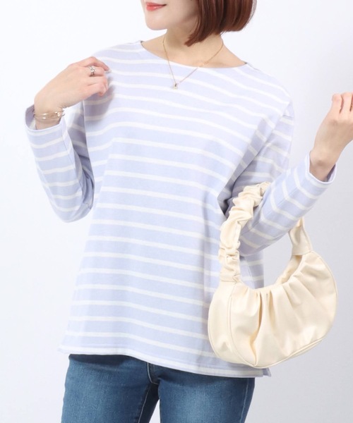 Salong hameu(サロン ハミュー)の「コットン100% 長袖ロンT 無地・ボーダー クルーネック カットソー レギュラーシルエット ベーシック ノームコア レディース(Tシャツ/カットソー・レディース・イエロー/ブルーグリーン/ライトピンク/ホワイト×ピンク/杢グレー/オフホワイト/ライラック系1/ホワイト×グリーン/ネイビー系1/ホワイト×イエロー/アクア/ブルー系その他/ブラック×グレー/ホワイト×ネイビー/ネイビー/スミクロ/ホワイト×ブルー/クリーム/ホワイト系その他2/ホワイト系その他・L/M)」の18枚目の写真