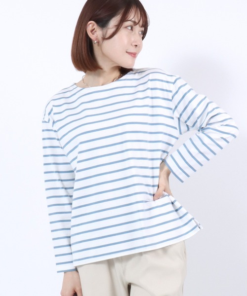 Salong hameu(サロン ハミュー)の「コットン100% 長袖ロンT 無地・ボーダー クルーネック カットソー レギュラーシルエット ベーシック ノームコア レディース(Tシャツ/カットソー・レディース・イエロー/ブルーグリーン/ライトピンク/ホワイト×ピンク/杢グレー/オフホワイト/ライラック系1/ホワイト×グリーン/ネイビー系1/ホワイト×イエロー/アクア/ブルー系その他/ブラック×グレー/ホワイト×ネイビー/ネイビー/スミクロ/ホワイト×ブルー/クリーム/ホワイト系その他2/ホワイト系その他・L/M)」の4枚目の写真