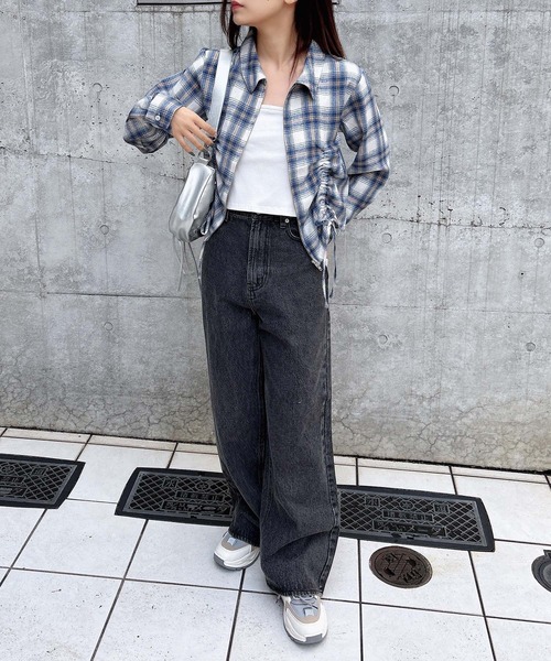 フロントジップチェック柄ドロストギャザークロップドシャツ