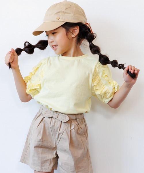 MAKE YOUR DAY(メイクユアデイ)の「ママとおそろい 袖レース半袖Tシャツ■80~140cm(Tシャツ/カットソー・キッズ・イエロー/ベージュ/サックスブルー・130/120/100/90/80/140/110)」の4枚目の写真