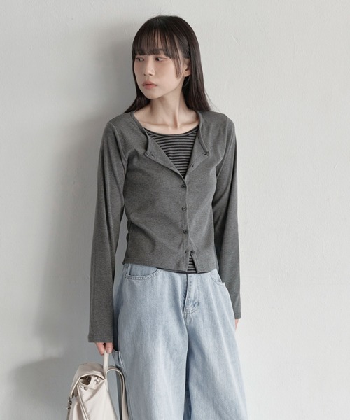 UNE MANSION（ユヌマンション）の「ラウンドネックストライプカーディガン風レイヤードカットソー（Tシャツ/カットソー・レディース・ブラック/チャコール・FREE）」の10枚目の写真