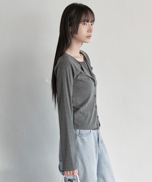 UNE MANSION（ユヌマンション）の「ラウンドネックストライプカーディガン風レイヤードカットソー（Tシャツ/カットソー・レディース・ブラック/チャコール・FREE）」の13枚目の写真