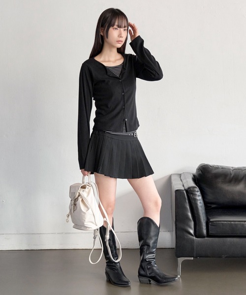 UNE MANSION（ユヌマンション）の「ラウンドネックストライプカーディガン風レイヤードカットソー（Tシャツ/カットソー・レディース・ブラック/チャコール・FREE）」の6枚目の写真