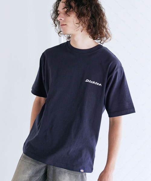 ネイビー クルーネック 半袖Tシャツ Dickies 天竺バックシンボル刺繍プリントクルーネック半袖Tシャツ（T