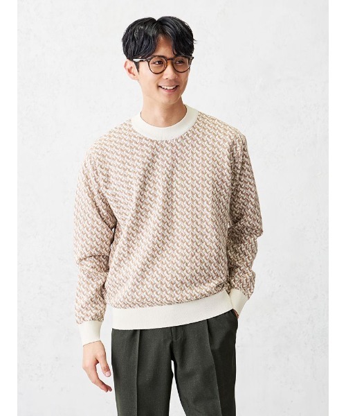 ハイゲージ コットン クルーネック 柄ニット ベージュ（ニット