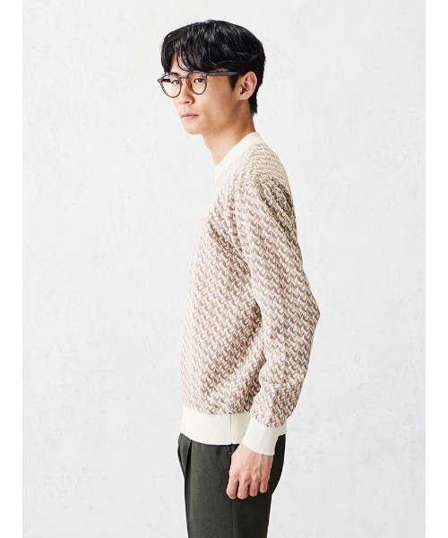 ハイゲージ コットン クルーネック 柄ニット ベージュ（ニット