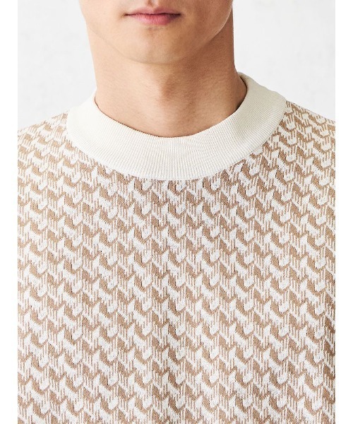 ハイゲージ コットン クルーネック 柄ニット ベージュ（ニット