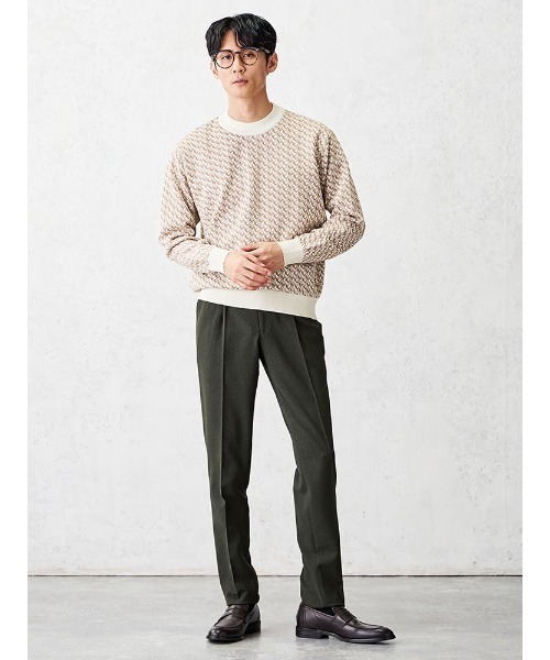 ハイゲージ コットン クルーネック 柄ニット ベージュ（ニット