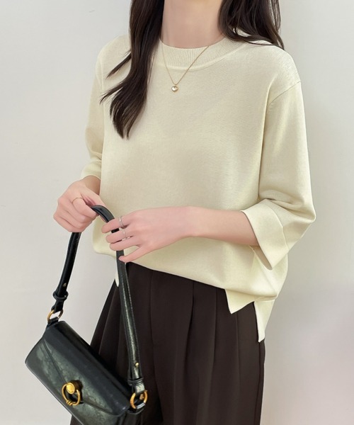 ABITOKYO(アビトーキョー)の「サイドスリット五分袖ニットプルオーバー(ニット/セーター・レディース・ブラック/アイボリー/ブルーグレー/マスタード・M/L)」の1枚目の写真