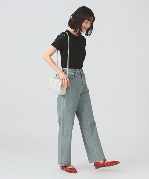 Ray BEAMS【F】襟付き フレンチスリーブ ボーダー Tシャツ ネイビー 23区｜【洗える】ランダムボーダー フレンチスリーブ カットソー