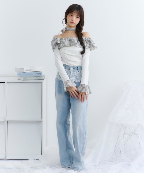 ギンガムフリルオフショルトップス レディース Fit more ギンガムフリルオフショルトップス レディース