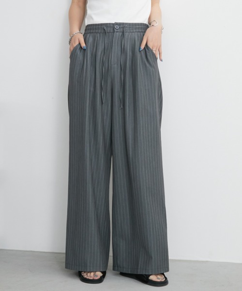 PEOPLESTYLE タックパンツ ストライプ ワイドスラックス ロング ストライプタックワイドスラックスパンツ（スラックス）｜Aunt