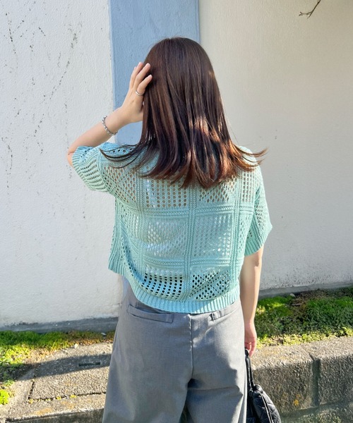 ABYS(アビス)の「メッシュポロトップス / サマーニット(ニット/セーター・レディース・ミント/ホワイト/ブラック・FREE)」の4枚目の写真