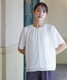 小さいサイズ パール付きカラーレスフレアブラウス 低身長さん・小柄女性
