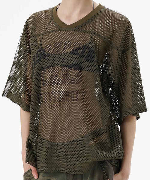 MASONPRINCEプリントラップ Ｔシャツ ウォッシュド 綿 男女兼用 Vネック ナンバリング メッシュTシャツ DT4346【MASONPRINCE