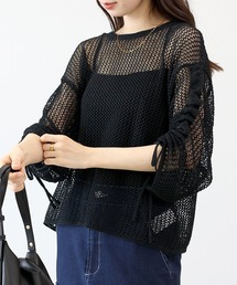 袖シャーリングメッシュプルオーバー