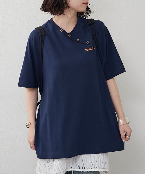 NUNIFE（ユニフィー）の「【NUNIFE】ラグランアシメヘンリーＴ（Tシャツ/カットソー・レディース・オフホワイト/スミクロ/ネイビー・FREE）」の7枚目の写真