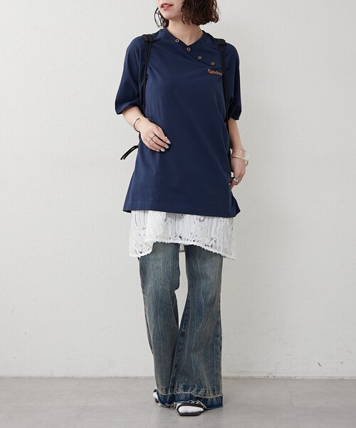 NUNIFE（ユニフィー）の「【NUNIFE】ラグランアシメヘンリーＴ（Tシャツ/カットソー・レディース・オフホワイト/スミクロ/ネイビー・FREE）」の5枚目の写真