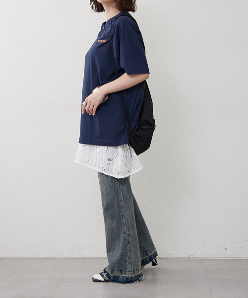 NUNIFE（ユニフィー）の「【NUNIFE】ラグランアシメヘンリーＴ（Tシャツ/カットソー・レディース・オフホワイト/スミクロ/ネイビー・FREE）」の4枚目の写真