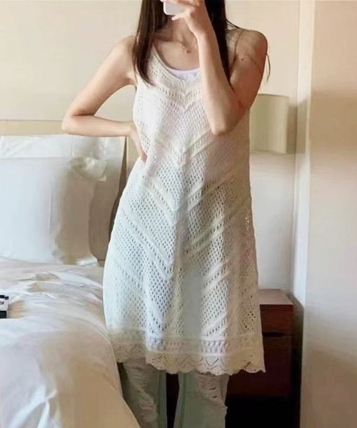 gossip！ロサンゼルス（ゴシップロサンゼルス）の「クロシェ編み ボヘミアン調キャミワンピース（ワンピース・レディース・ブラック/オフホワイト・FREE）」の21枚目の写真