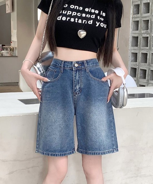 セール】デニムショートパンツ ハイウエスト美脚夏（デニム