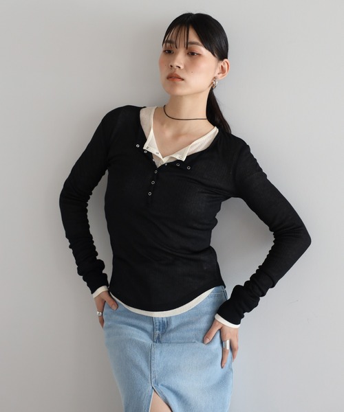 シアーヘンリーネックプルオーバー　ブラック ENC tシャツ henry neck sheer pullover / ヘンリーネックシアープル