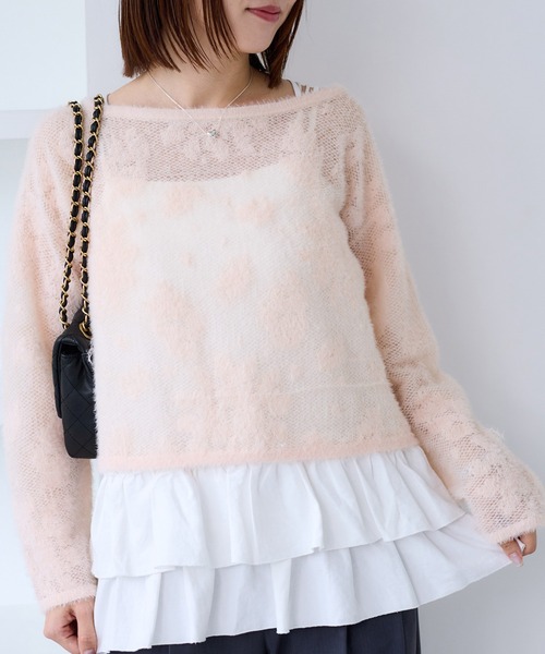 VIS（ビス）の「フラワーモチーフフェザーシアーニット（ニット/セーター・レディース・チャコールグレー/オフホワイト/ピンク・FREE）」の3枚目の写真