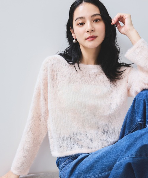 VIS（ビス）の「フラワーモチーフフェザーシアーニット（ニット/セーター・レディース・チャコールグレー/オフホワイト/ピンク・FREE）」の4枚目の写真