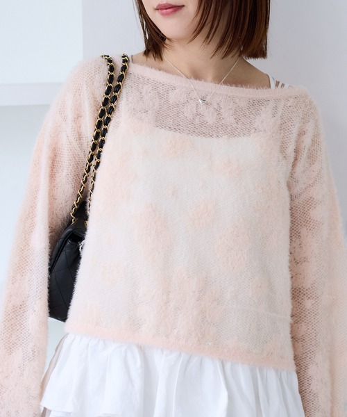 VIS（ビス）の「フラワーモチーフフェザーシアーニット（ニット/セーター・レディース・チャコールグレー/オフホワイト/ピンク・FREE）」の7枚目の写真