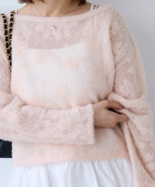 VIS（ビス）の「フラワーモチーフフェザーシアーニット（ニット/セーター・レディース・チャコールグレー/オフホワイト/ピンク・FREE）」の5枚目の写真